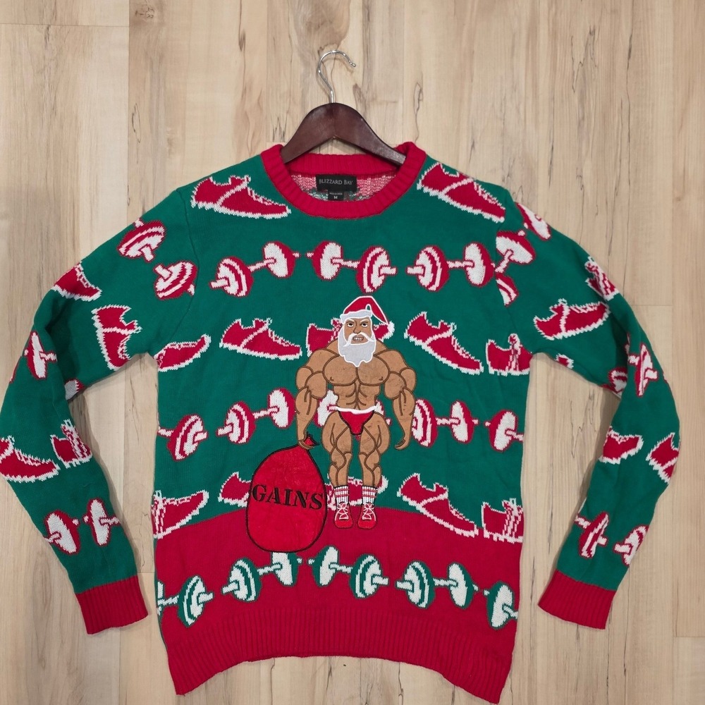 Blizzard Bay Mens Buff Santa Gains Christmas Sweater Green Red Gym Weights M